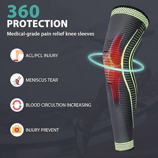2 Pack Full Leg Compression Sleeves, Long Knee Brace Support for ACL,PCL, Meniscus Tear, Arthritis, Tendinitis, Joint Pain Relief, Men And Women (Green, Small)