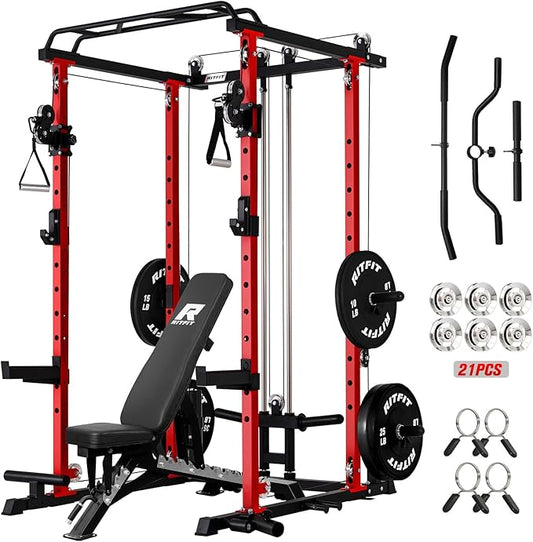RitFit Power Cage with Optional LAT PullDown/Cable Crossover, 1000LB Squat Rack for Home & Garage Gym, with Weight Storage Rack and More Training Attachments, ASTM-Certified