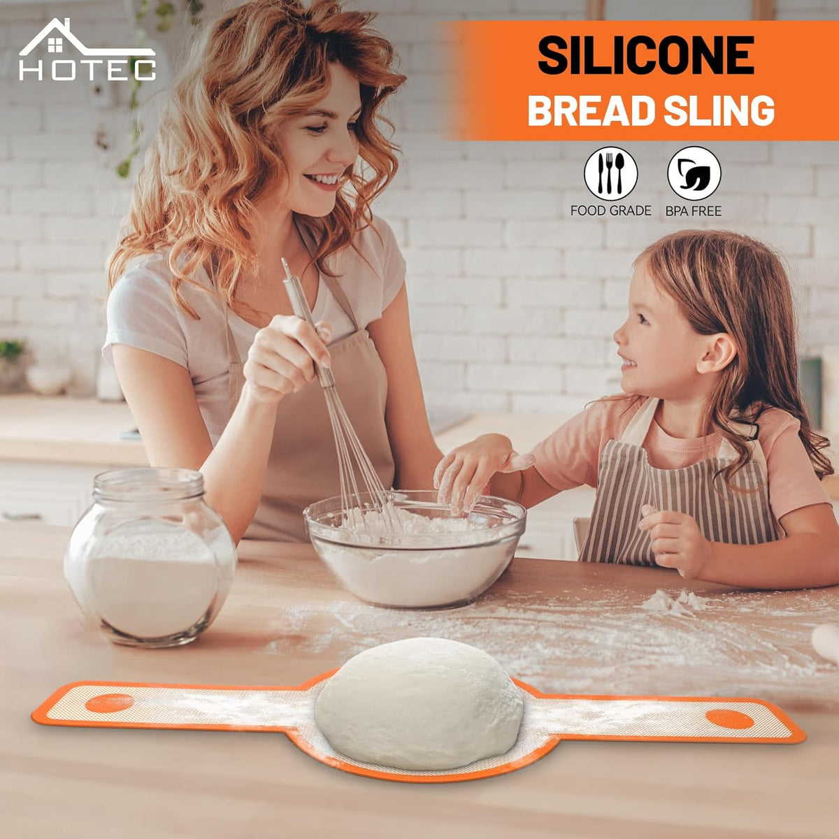 HOTEC Silicone Bread Sling for Dutch Oven - 2 Pack Non-Stick Baking Mat with Long Handle Easy to Transfer Sourdough Bread, Reusable Heat Resistant to 500°F/260°C Dutch Oven Liners Baking Supplies