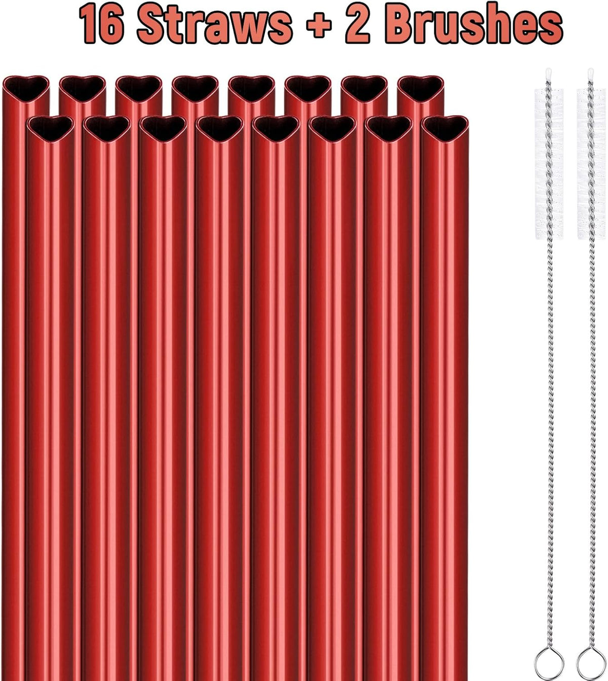 NiHome 16-Pack Heart-Shaped Stainless Steel Drinking Straws with 2 Cleaning Brushes, 8.5" Long Reusable Straws for Stanley Tumbler 14oz, Dishwasher Safe, Safe Edges for Kids (Pearl Red)