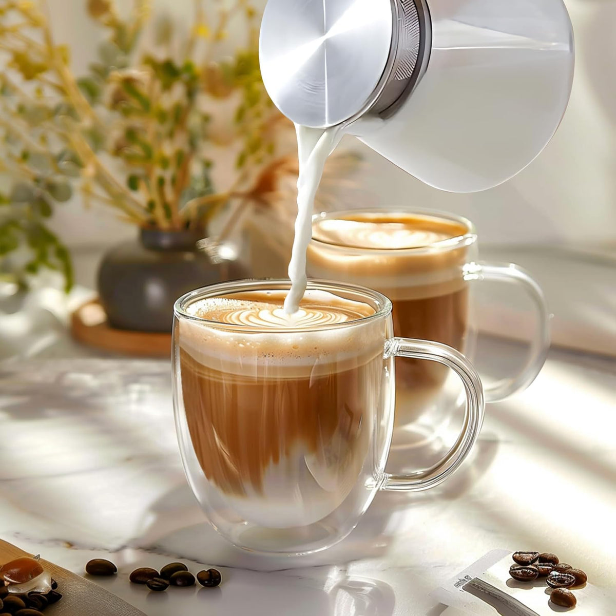 8 Ounces Set of 4 Double Walled Glass Coffee Mugs with with Handle Insulated Layer Coffee Cups Borosilicate Glass Espresso Double Insulated Clear Glass Coffee Mug for Hot Beverages