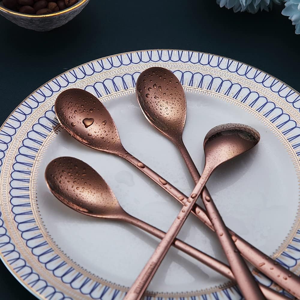 Premium Rose Gold Set of 6 Stainless Steel Long Handle Stirrers and Spoons for Coffee, Ice Tea, Ice Cream, Cocktails