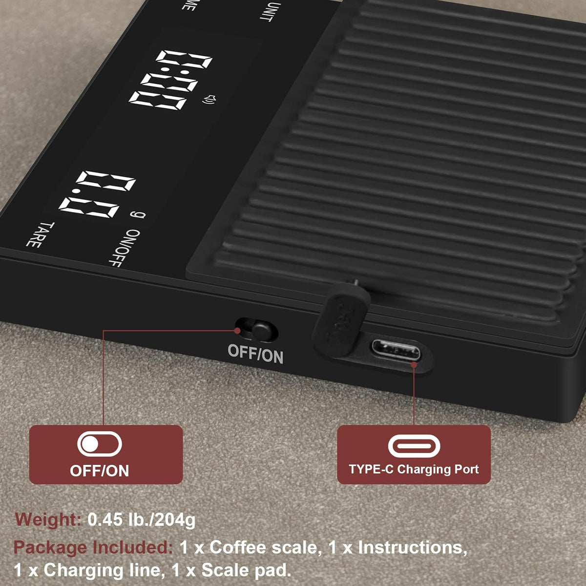 Coffee Espresso Scale with Timer, Kitchen Food Digital Matcha Scale, Rechargeable, Glass Mirror Design, for Barista, 0.3-2000g/0.1g