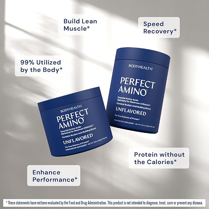 BodyHealth PerfectAmino Powder - BCAA and EAA Powder for Pre and Post Workout - Amino Acid Energy Drink for Men and Women to Support Lean Muscle and Recovery - Unflavored - 60 Servings
