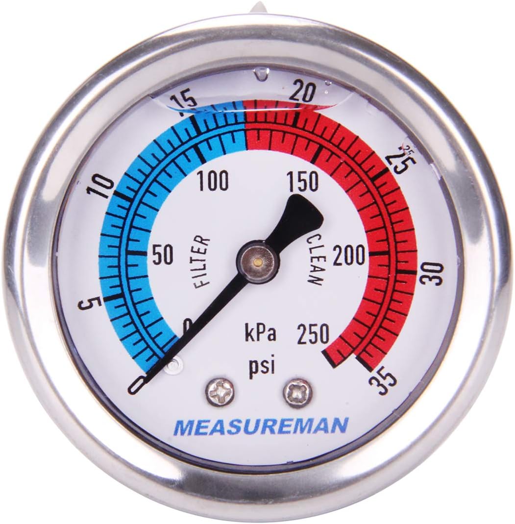 MEASUREMAN 2" Dial Size, Liquid Filled Pool Filter Pressure Gauge, 304 Stainless Steel Case, 0-35psi/250kpa,1/4" NPT Center Back Mount