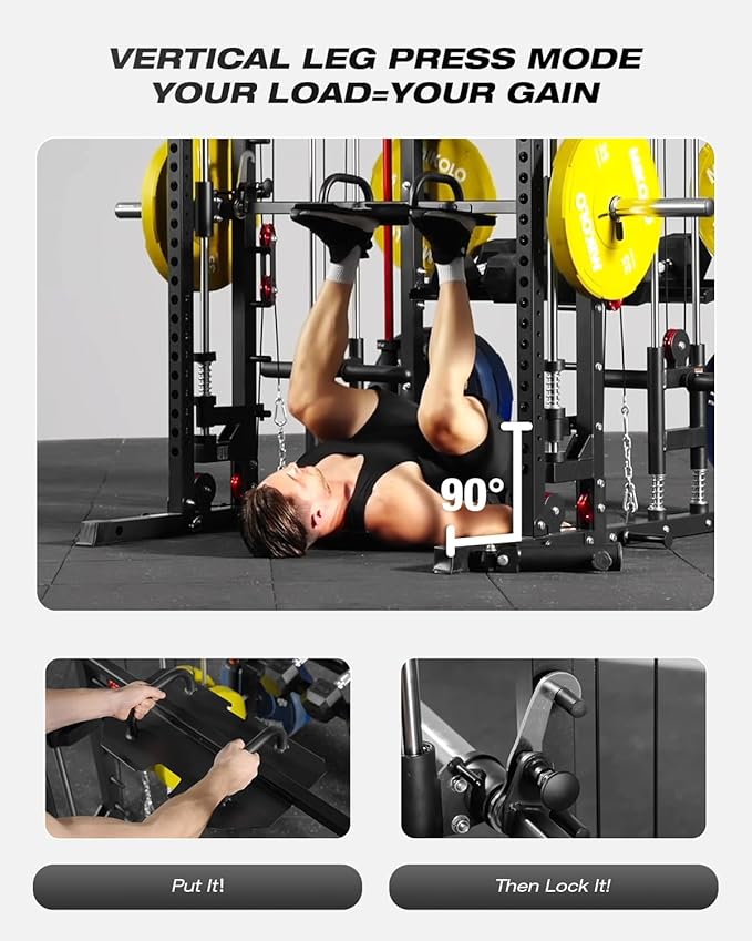 Mikolo Smith Machine, Multi-Function Power Cage with Dual Pulley System, Vertical Leg Press Attachment, Squat Rack Power Rack with More Training Attachment for Home Gym