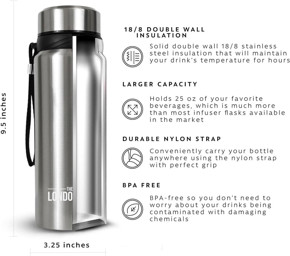 London Sip 25 oz Multi-Function Travel Mug and Tumbler Tea Infuser Water Bottle Fruit Infuser Flask Hot and Cold Double Wall Stainless Steel Coffee Thermos, Cosmic Silver