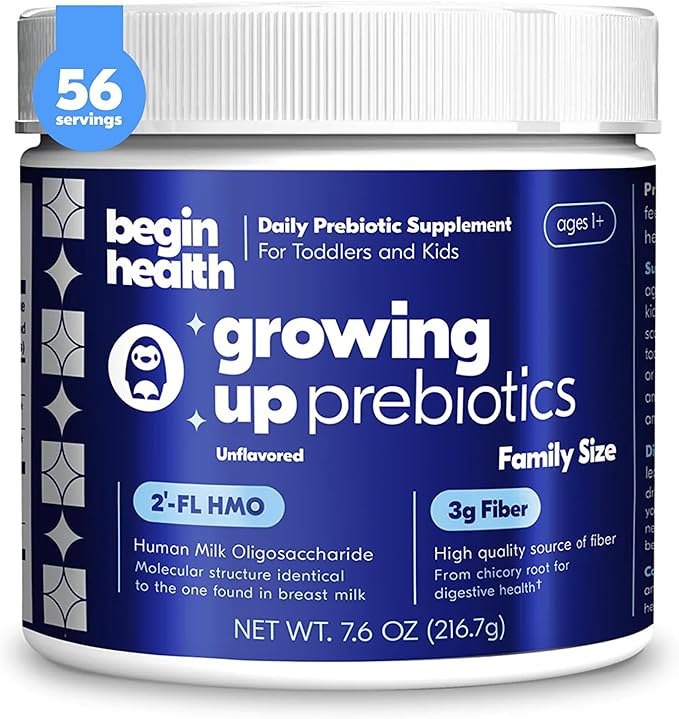 Begin Health Growing Up Prebiotics for Kids 56-Packs | Prebiotic Soluble Powder Stool Softeners and Digestive Gut Health Supplement | Ideal to Mix with Kids Daily Beverages and Soft Foods - Unflavored