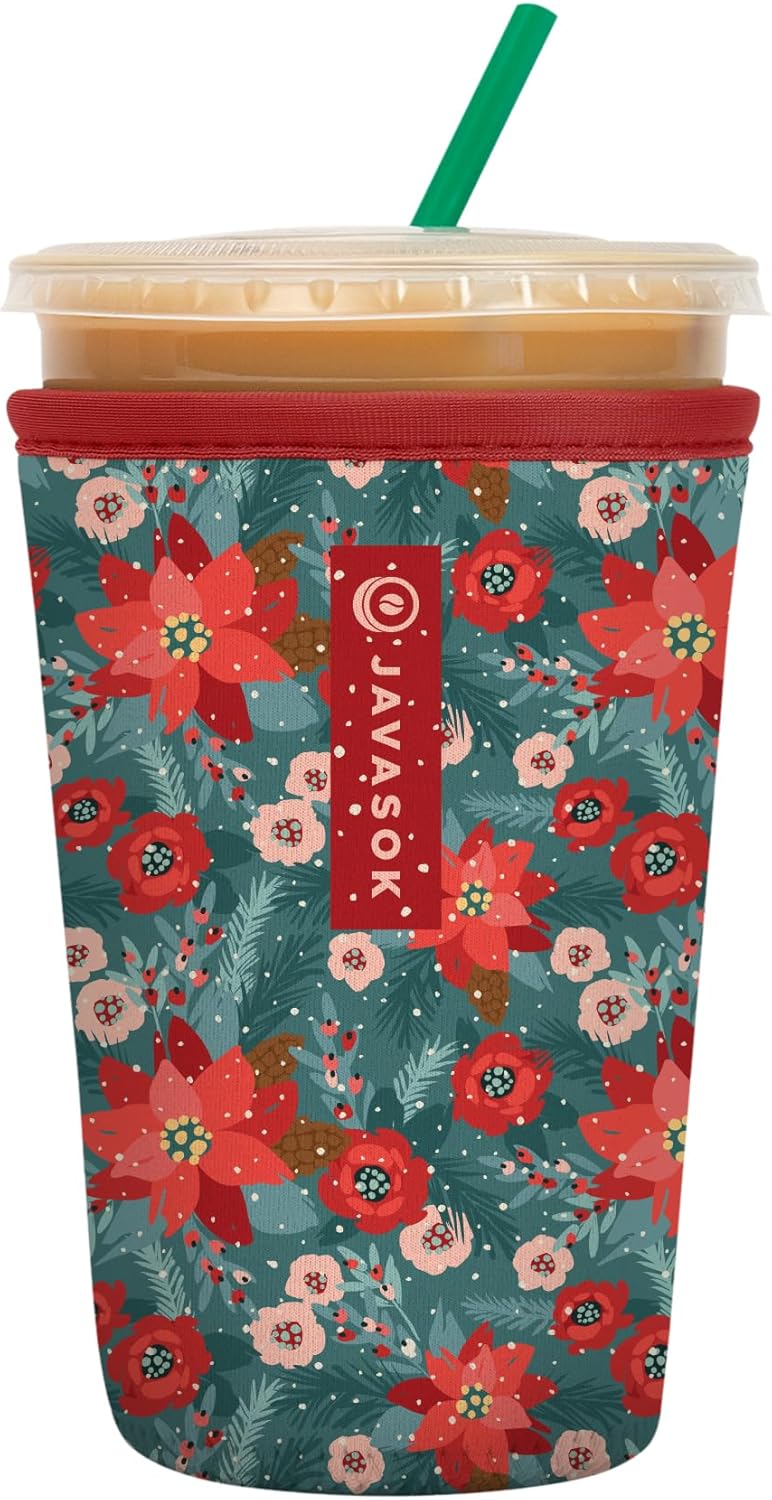 Sok It JavaSok Iced Coffee & Cold Soda Insulated Neoprene Cup Sleeve (Pastel Poinsettias, Medium: 22-28oz)