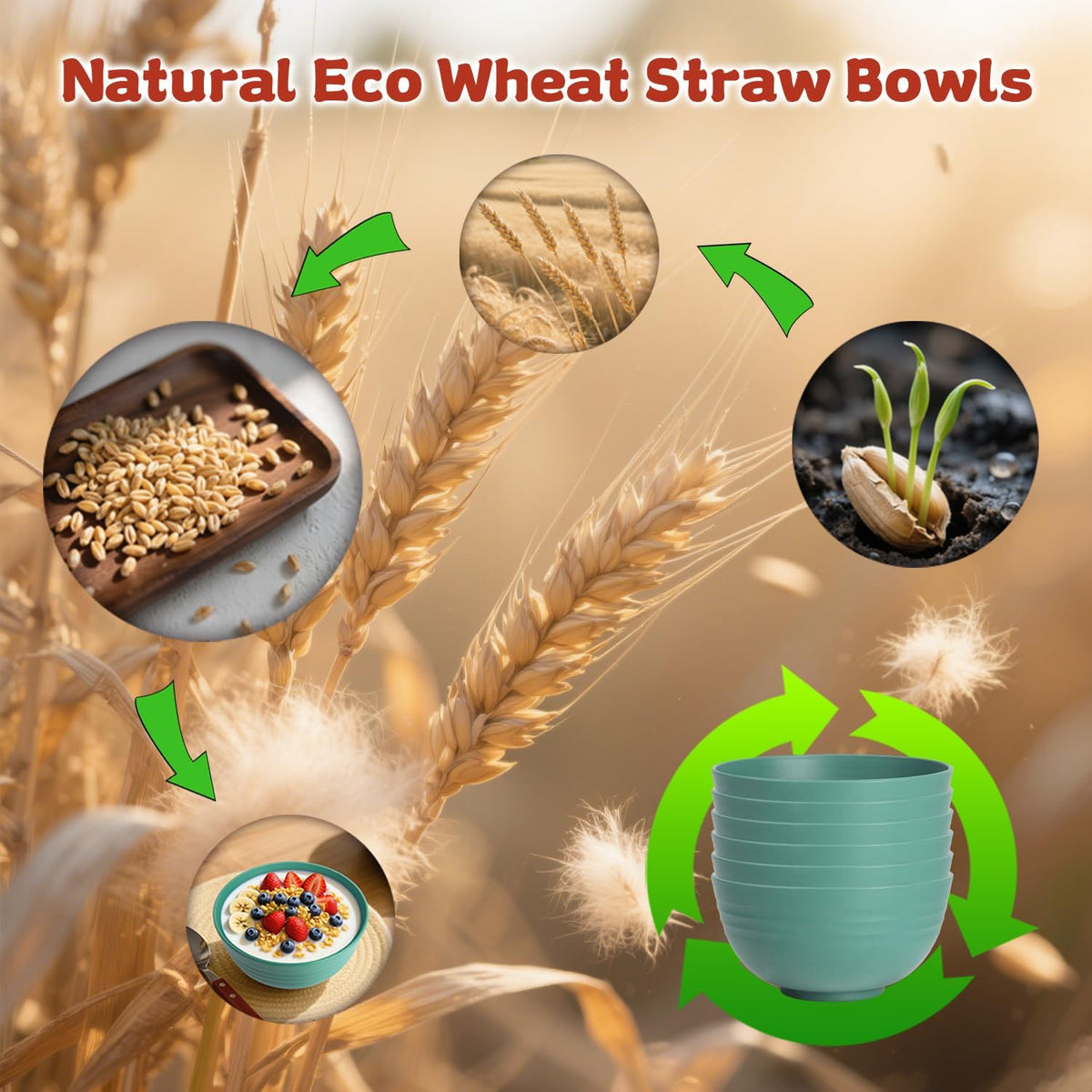 6-piece Wheat Straw Bowls sets 26oz,Alternative Plastic Bowls Reusable for indoors and outdoors,Microwave-able and Dishwasher Safe Bowls Sets Easy to Clean.Green Series