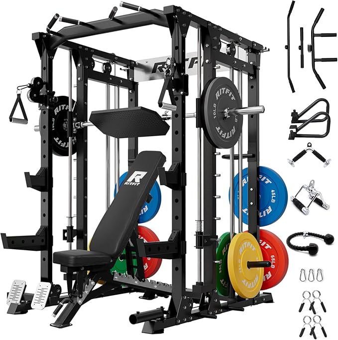 RitFit Buffalo Smith Machine, Power cage with LAT-Pull Down System & Cable Crossover System, All-in-One Squat Rack for Home Gym, Power Rack