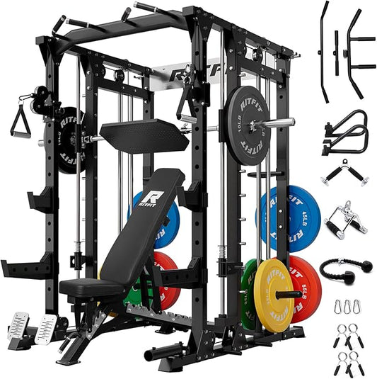 RitFit Buffalo Smith Machine, Power cage with LAT-Pull Down System & Cable Crossover System, All-in-One Squat Rack for Home Gym, Power Rack