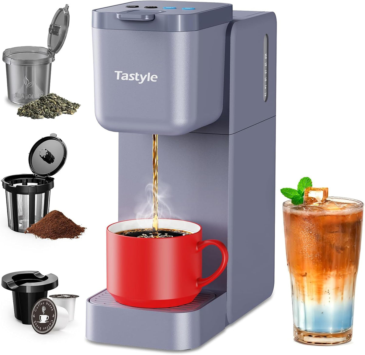 Single Serve Coffee Maker for K Cup, Ground and Tea, Hot and Iced Coffee Machines with Bold Setting, 6 to 16 Oz Brew Sizes, Compact for Small Spaces, Gray (2.0 Version)