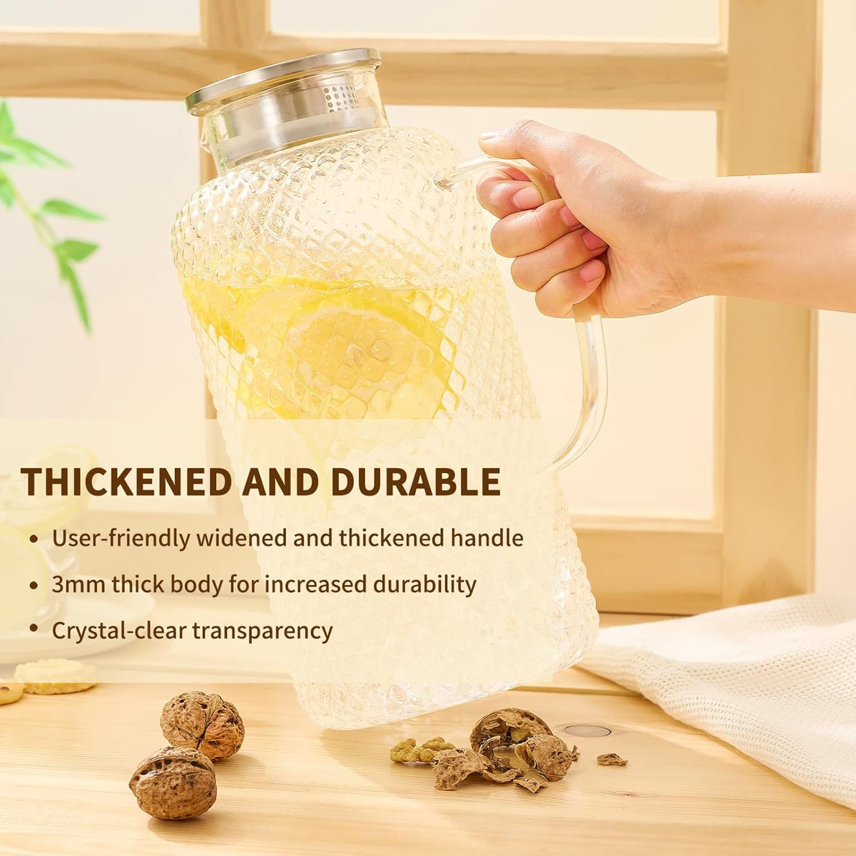 Glass Pitcher, 3.5L/118 oz Glass Water Pitcher with Lid and Spout, Heat/Cold Resistant Borosilicate Glass Water Carafe for Coffee, Juice and Homemade Beverage