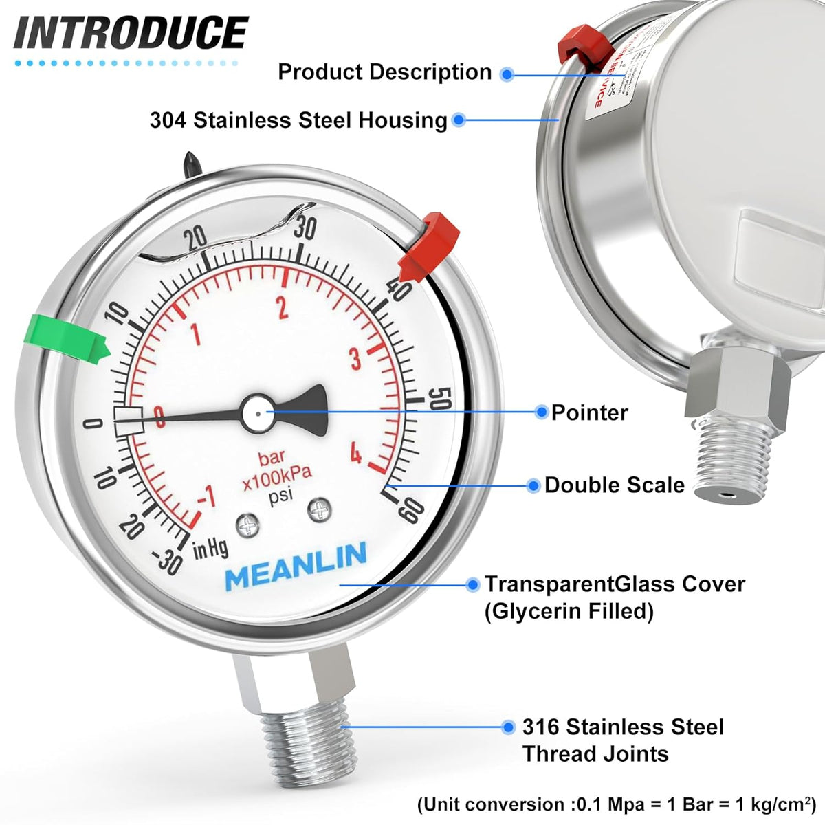 MEANLIN MEASURE -30inHG~60Psi Vacuum Pressure Gauge 316 Stainless Steel Joint 1/4" NPT 2.5" FACE DIAL, Stainless Steel Liquid Filled Pressure Gauge WOG Water Oil Air Lower Mount, 2PCS Snaps