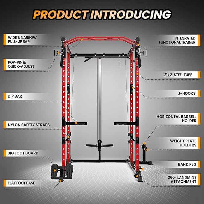 GaveeLife Power Cage, 2000 LBS Power Rack with Cable Cross-Over System, Multi-Functional Strength Training Squat Rack with LAT Pull Down System, Home Gym Equipment with Training Attachment, Red