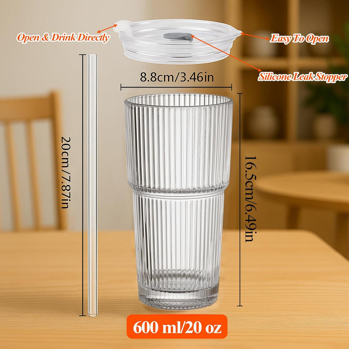 20 oz Ribbed Glass Tumblers with Lids and Straws – Set of 4 Thickened Glassware, Elegant Durable Ribbed Drinking Glasses Bulk for Iced Coffee Cups, Cocktails, Smoothies, Juice, Hot or Cold Beverages