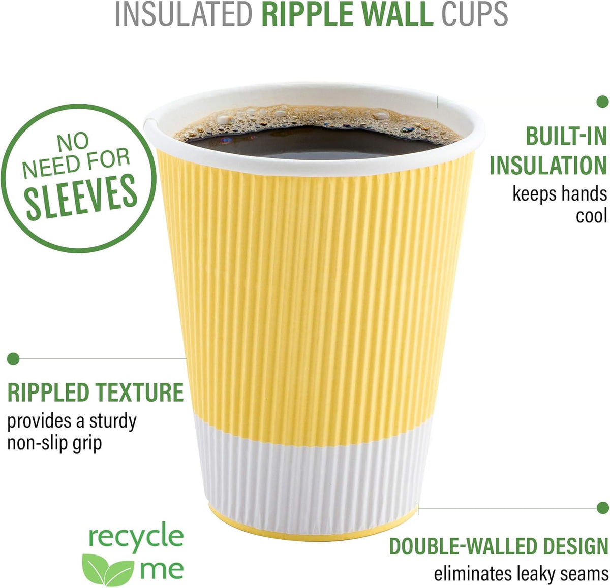 Restaurantware 8 Ounce Double Wall Disposable Coffee Cups, 500 Insulated Light Yellow Paper Tumblers with Ripple Wall Design, Lids Sold Separately for Hot Drinks like Tea, Coffee and More