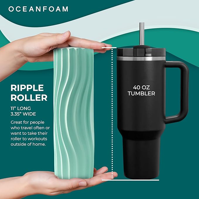 Oceanfoam Ripple Travel Foam Roller (11" x 3.35") Firm Mini Foam Roller for Physical Therapy, Deep Tissue Massage, Back Pain - High Density, Ergonomic Wave Textured - Yoga, Pilates, Exercise (Seafoam)