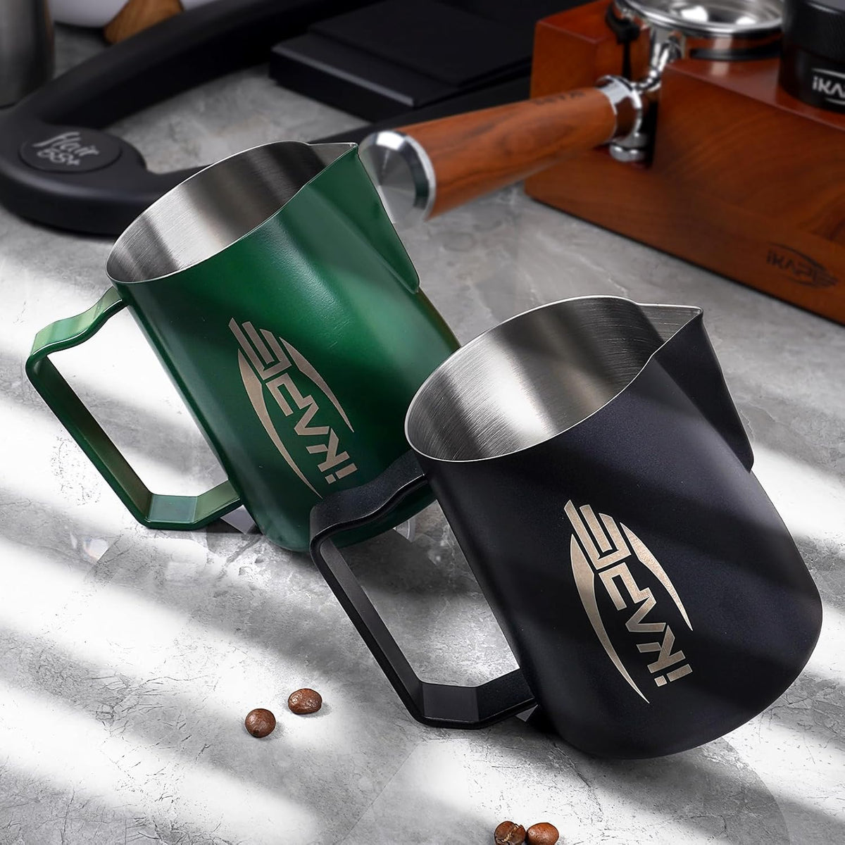 IKAPE Espresso Milk Pitcher, Espresso Steaming Pitcher with Sharp Spout for Espresso Barista Tool, 20.3 oz / 600ml Milk Frothing Jug (Green)