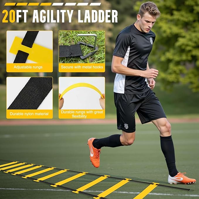 Agility Ladder, Soccer Training Equipment Set, 4 Agility Hurdles, 20ft Speed Ladder, Running Parachute, 12 Football Cones, Jump Rope | Soccer Basketball Athletes Speed Training