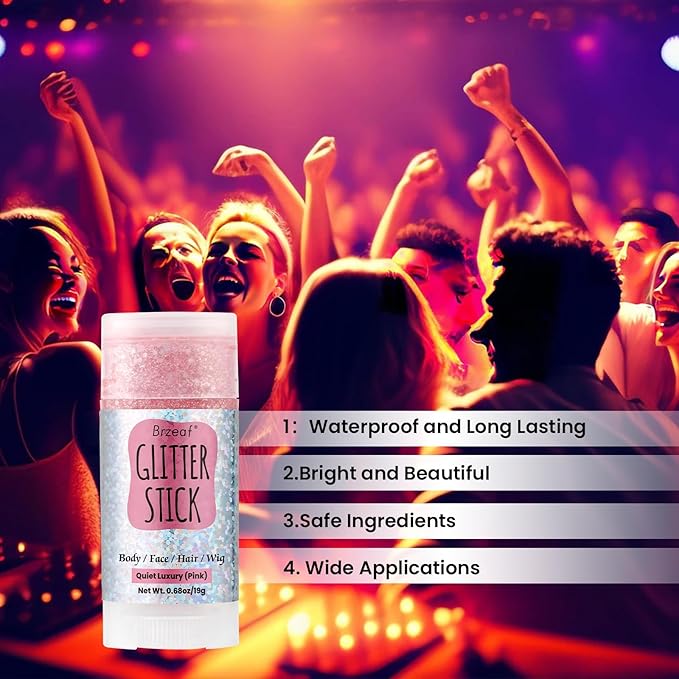Brzeaf Pink Glitter Stick, Not Greasy & Long Lasting, Chunky Glitter for Face/Body/Hair/Eyes/Lip, Singer Concert Music Rave Halloween Festival, Glitter Stick Makeup & Face Glitter Gel for Women Men