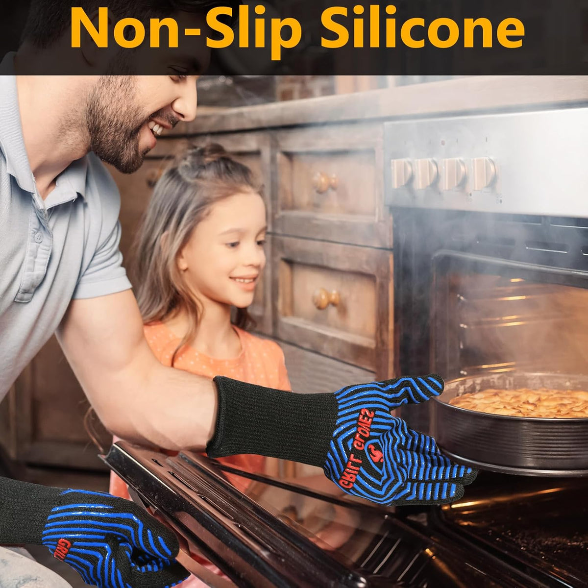 QUWIN BBQ Gloves, Oven Gloves 1472℉ Extreme Heat Resistant, Grilling Gloves Silicone Non-Slip Oven Mitts, Kitchen Gloves for BBQ, Grilling, Cooking, Baking-1 Pair… (Black Blue, One SizeLong Cuff