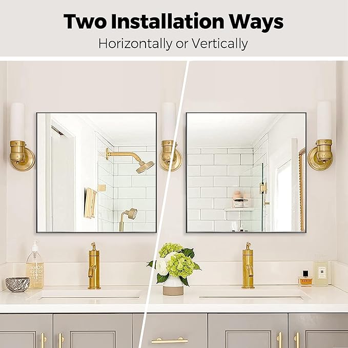 24x24 Inch Black Bathroom Mirror for Wall, Aluminum Frame Rectangle Rectangular Vanity Mirror, Modern Large for Bedroom, Living Room, Horizontal or Vertical