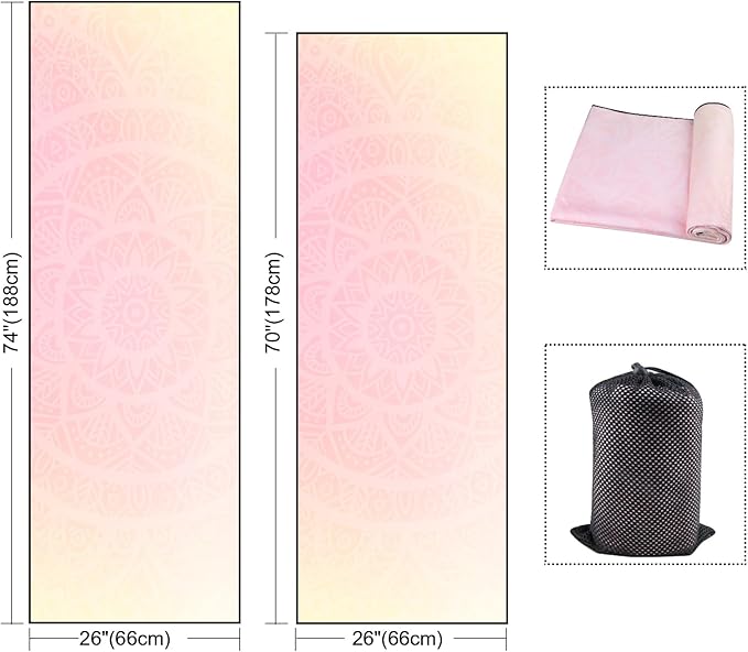 QiyI Yoga Mat Towel with Corner Pockets, Non Slip Sweat Absorbent Hot Yoga Towels, Soft Yoga Blankets with Travel Bag, Skidless Mat Cover for Workout, Gym, Fitness - 70"x26", Gradient Mandala