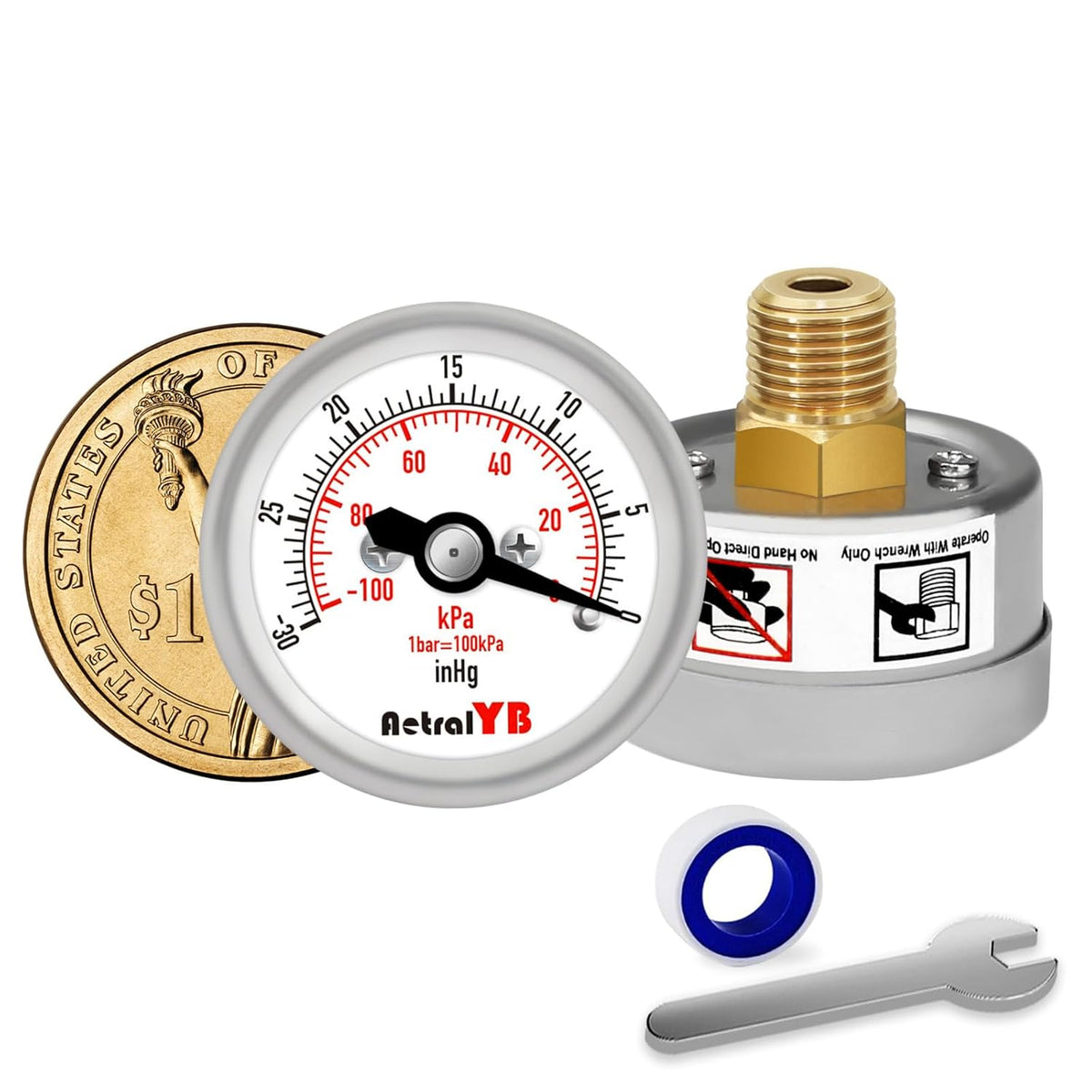 Mini Vacuum Pressure Gauge,Stainless Steel Housing,Brass Internal,1.2 Inch Dial,-30INHG/-100Kpa,NPT 1/8" Back Mount,Dry Type,Lead-Free, for Vacuum Pressure Test