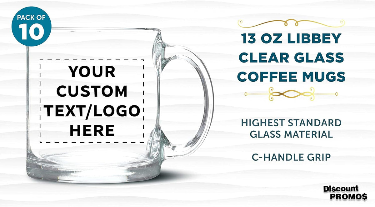 Custom Libbey Clear Glass Coffee Mugs 13 oz. Set of 10, Personalized Bulk Pack - Perfect for Coffee, Tea, Espresso, Hot Cocoa, Other Beverages - Clear Bottom