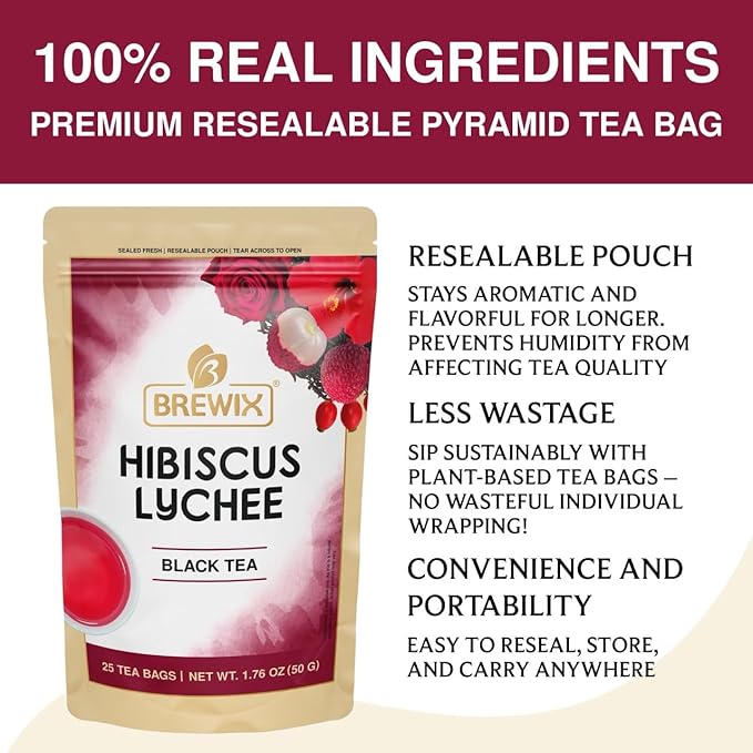 BREWIX, Hibiscus Lychee Tea Bags (25 Plant Based Tea Bags) Caffeine-Free, Made with Real - Hibiscus Flowers, Black Tea, Rosehip, Apple, Licorice, Rose | Contains Antioxidants & Support Overall Health