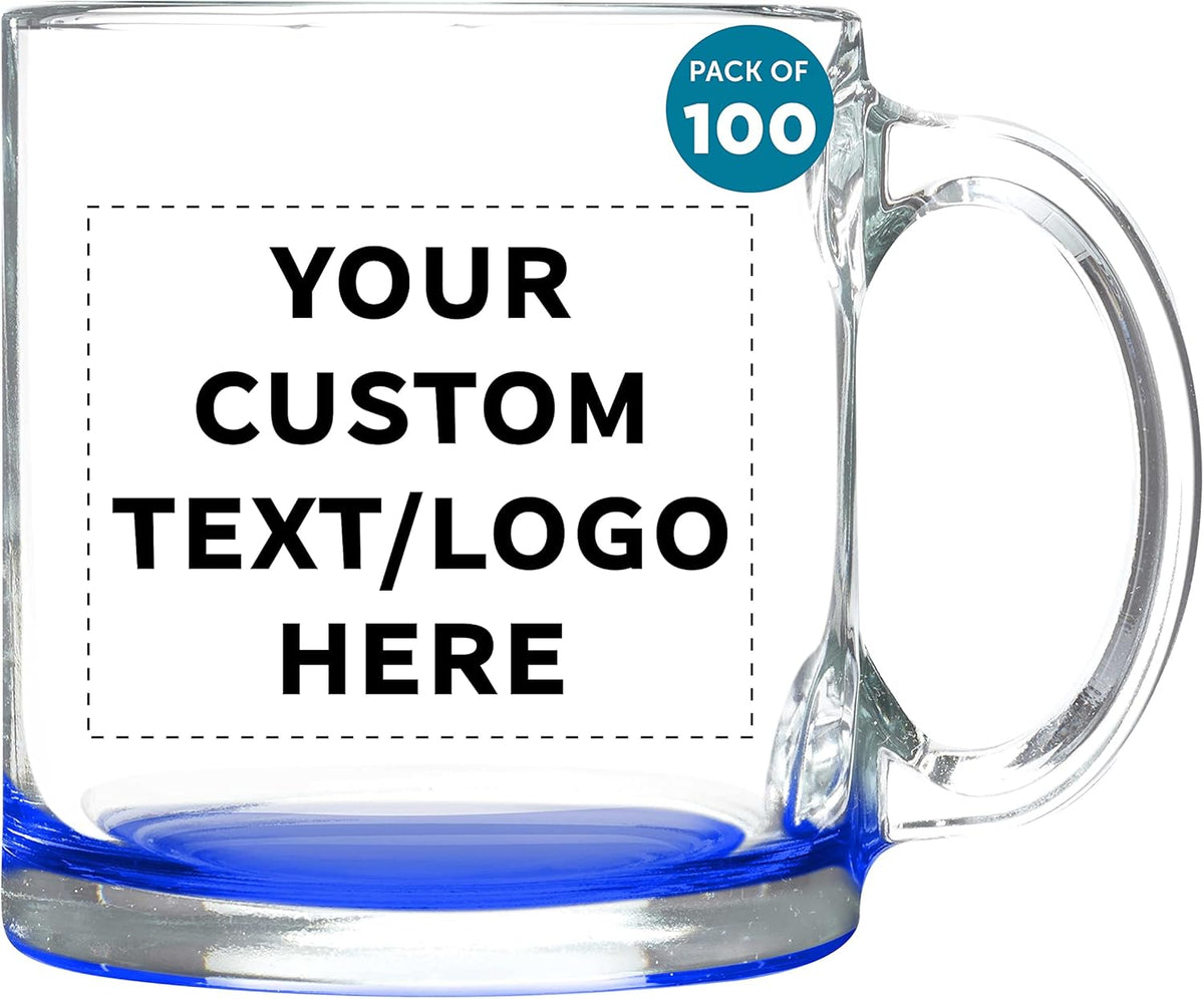 Custom Clear Glass Coffee Mugs 13 oz. Set of 100, Personalized Bulk Pack - Perfect for Coffee, Tea, Espresso, Hot Cocoa, Other Beverages - Blue Bottom