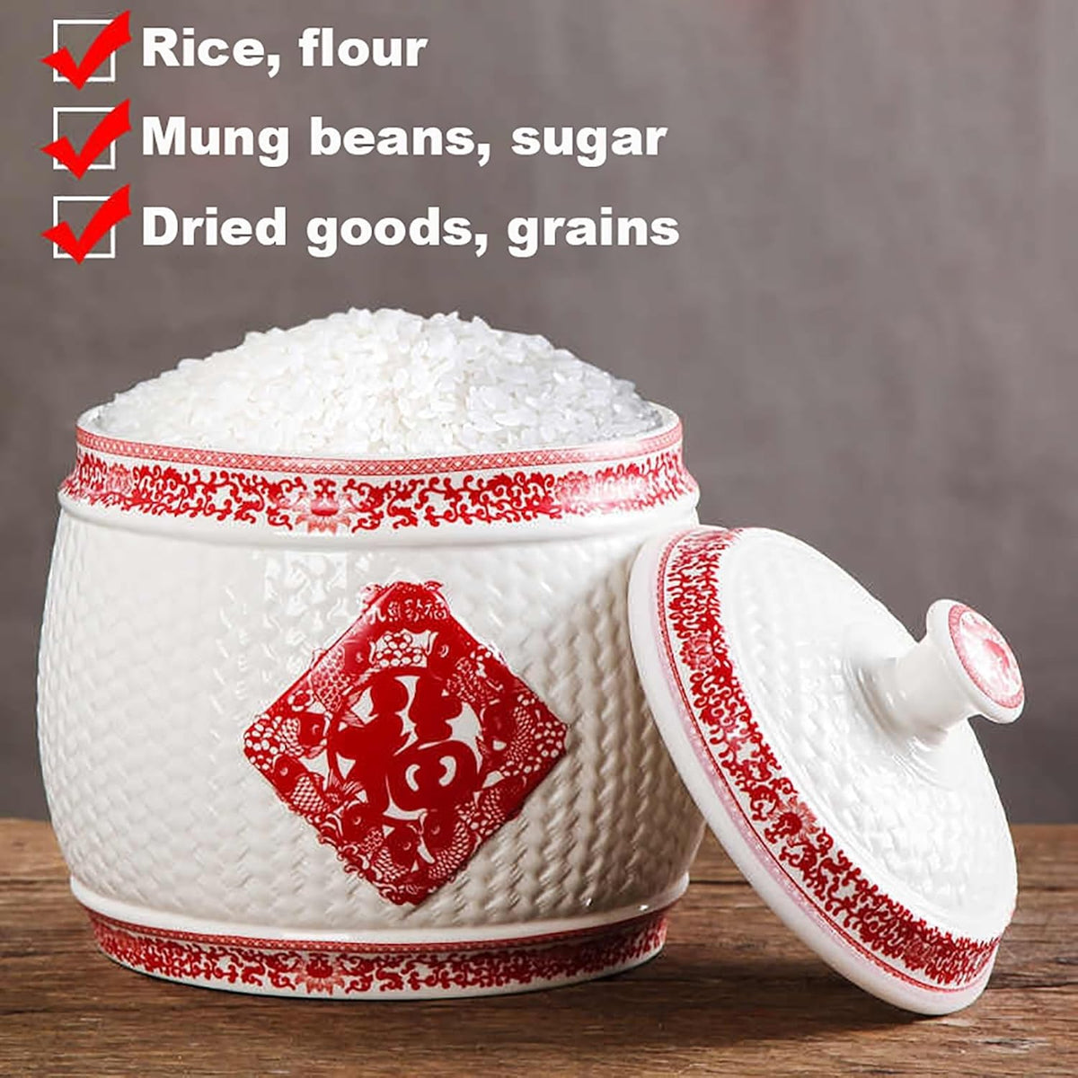 Chinese Sealed Large-Capacity Rice Pot, Ceramic Rice Bucket With Tassel Design, Grain Storage Ceramic Container, Rice Dispenser Airtight Storage Bucket For Grains Snacks Candy Coffee Beans Food(C,Capa