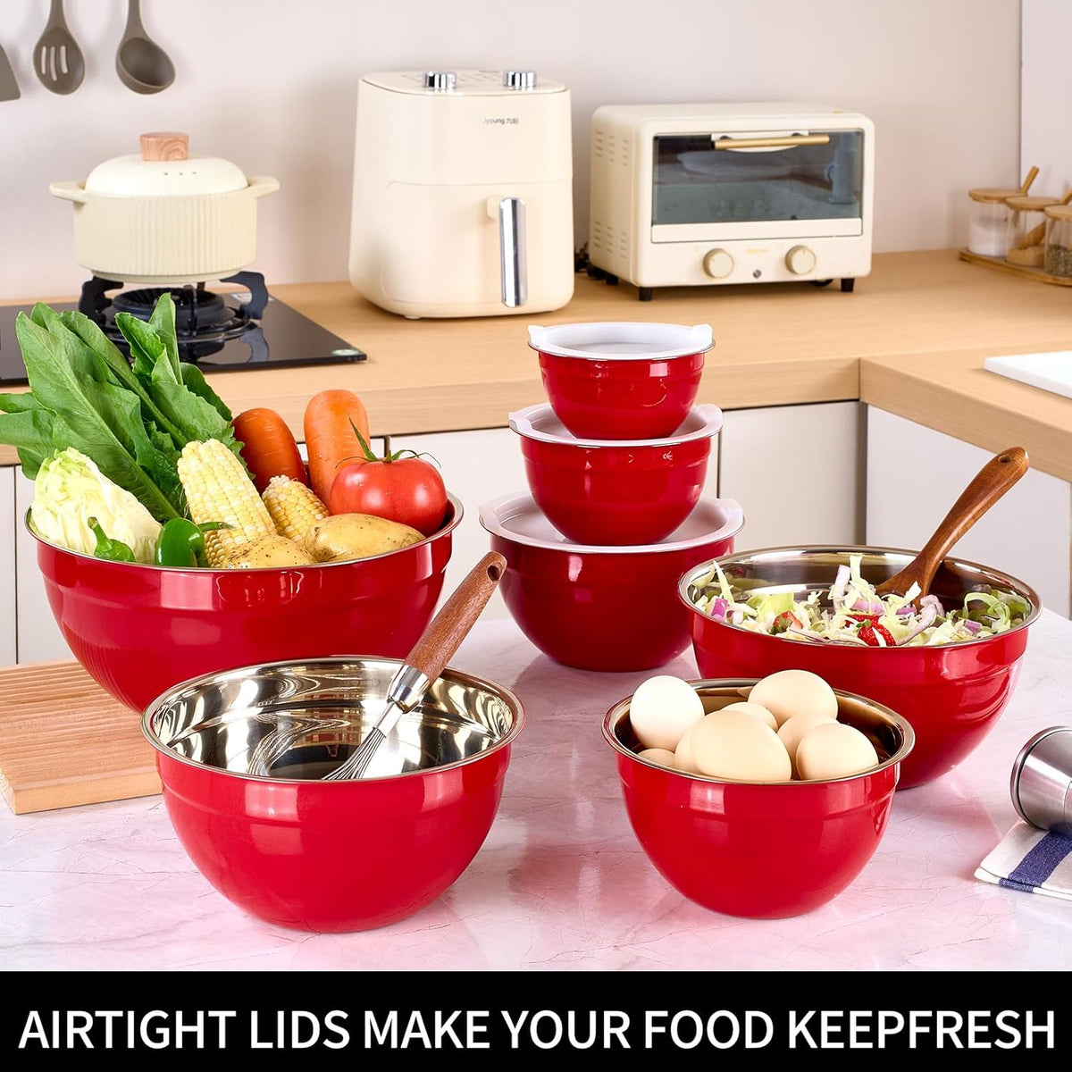 Red Mixing Bowls with Lids Set of 7, Stainless Steel Nesting Bowl with Khaki Lid for Non-slip Mixing Prepping Storing Serving, 7 Sizes-7/3.6/2.7/2.1/1.5/1/0.8 QT