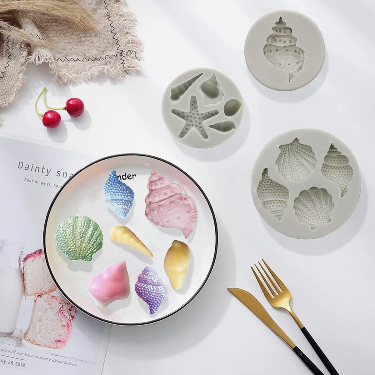 MEMOVAN Marine Theme Fondant Molds 4pcs Seashell Conch Starfish Silicone Baking Mold for Under the Sea Ocean Marine Cake Cupcake Decoration Chocolate Candy Soap Resin Clay Crafting