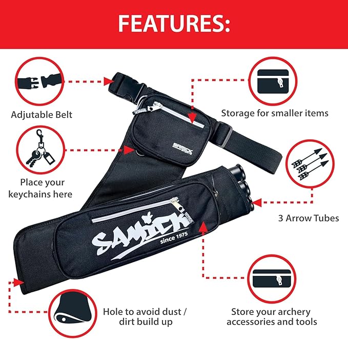 Archery Arrow Quiver - Adjustable Waist Hanged Quiver with 3 Removable Tubes & Pockets for Archery Arrows Case & Equipment - Ideal for Hunting & Target Practice - Right Handed Only