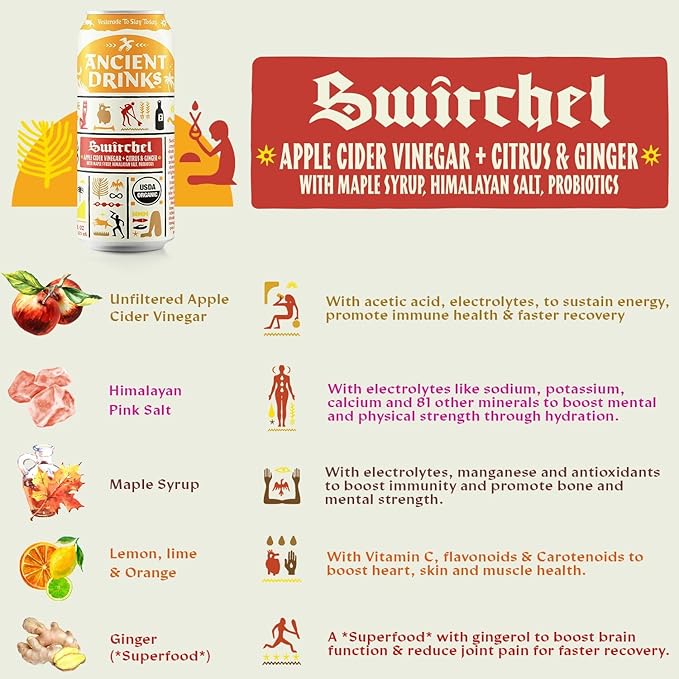 ANCIENT DRINKS Apple Cider Vinegar Beverage with Electrolytes, Vitamins, & Probiotics, Organic, Super-Hydrating Sports Drink - Mixed Pack (Posca, Switchel, Sekanjabin) - 16 fl oz (12 cans)