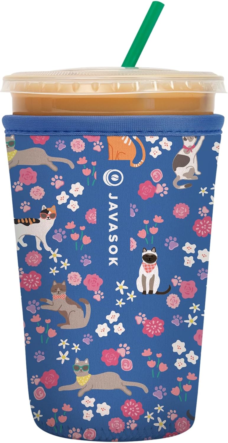 Sok It JavaSok Iced Coffee & Cold Soda Insulated Neoprene Cup Sleeve (Purr-fection, Medium: 22-28oz)
