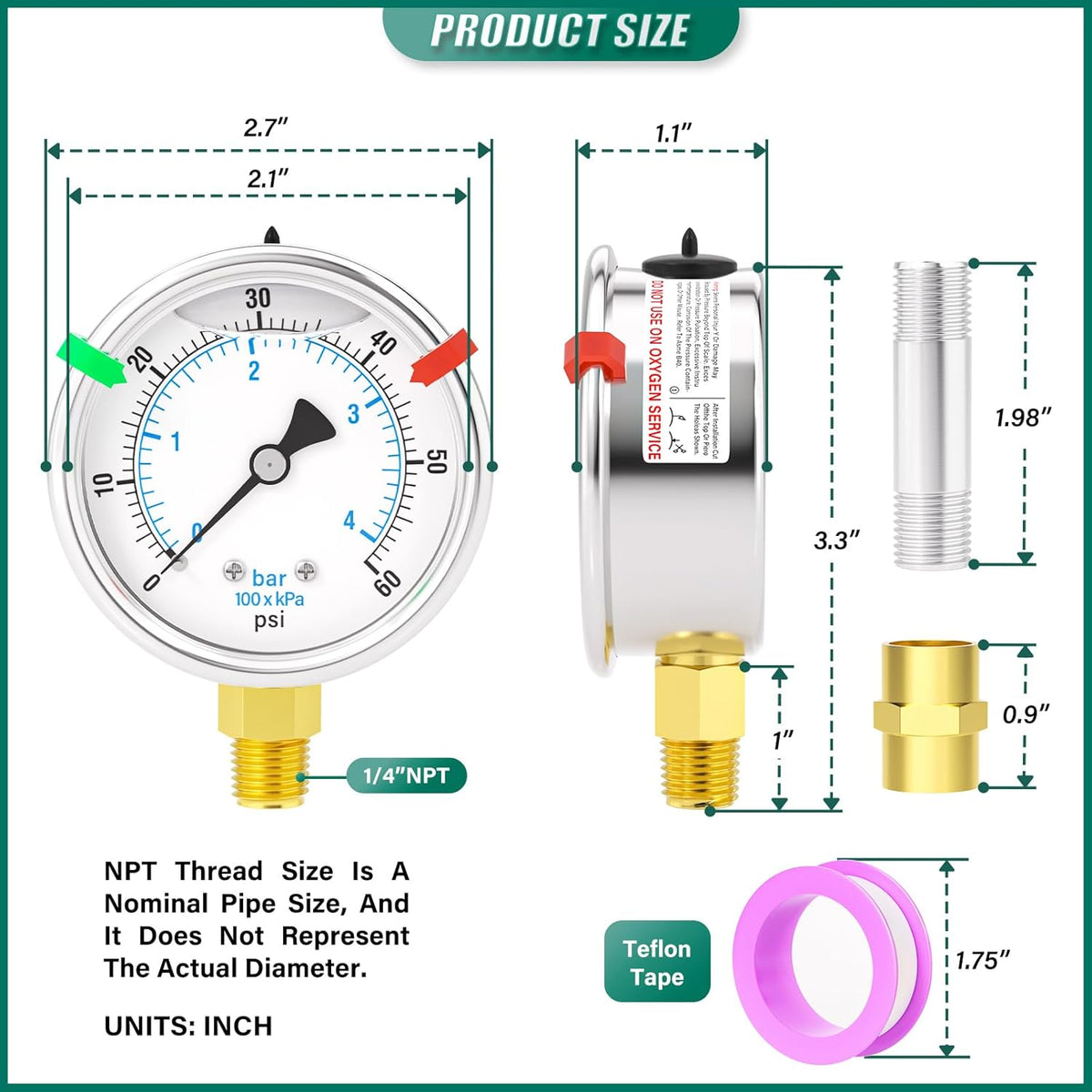 0-60PSI Heater Heavy Liquid Filled Pressure Gauge Kit, 2.5" Stainless Steel Dial Size, 1/4" NPT Lower Mount, for Low Pressure Portable Oil Fired Heaters (with Range Mark Pointer)