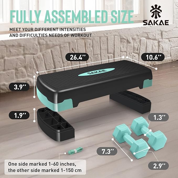 Aerobic Stepper Set with Dumbbells & Measuring Tape, Adjustable Height 2 Level Risers Workout Exercise Step Platform, 4 Colors, the Ultimate Gift for a Joyful Holiday and Merry Christmas