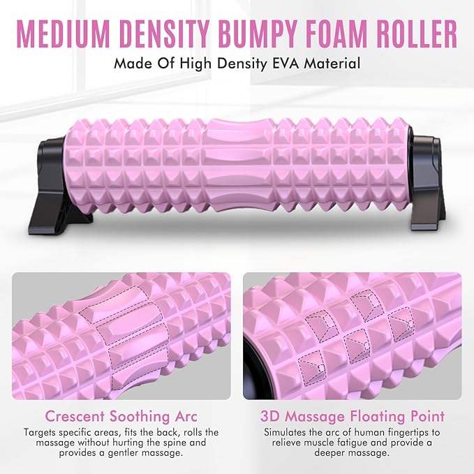 Trigger Point Foam Roller with Stand, 18 Inch Medium Density Foam Roller Long Yoga Roller Foam Exercise Roller for Physical Therapy, Muscles Deep Tissue, Pilates, Back Pain and Muscle Recovery (Pink)