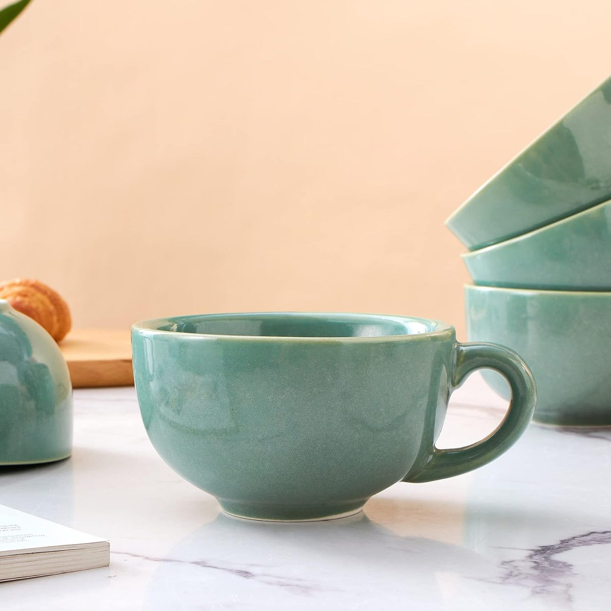 Set of 6 Cups Vintage Design 12 oz Professional Barista Ceramic Latte Art Cappuccino Cups Set (Green * 6)