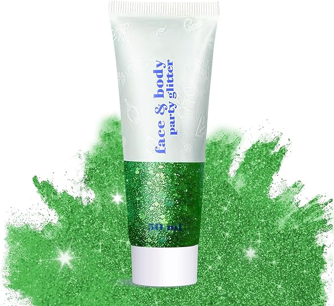 Body Glitter Gel - 4th of July Accessories, Sparkly Chunky Glitter Hair for Kids Women, Iridescent Glitter Freckles, Singer Concert Festival Rave Accessories (Green Body Glitter)