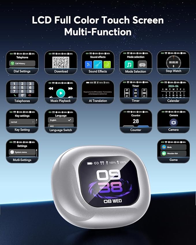 AI Language Translation Earbuds, Bluetooth 5.4 Headphones Translator for 144 Languages & Accents, OWS LCD Touch Screen Real-Time Earphones Fit iOS and Android Ideal for Travel Business Learning,Silver