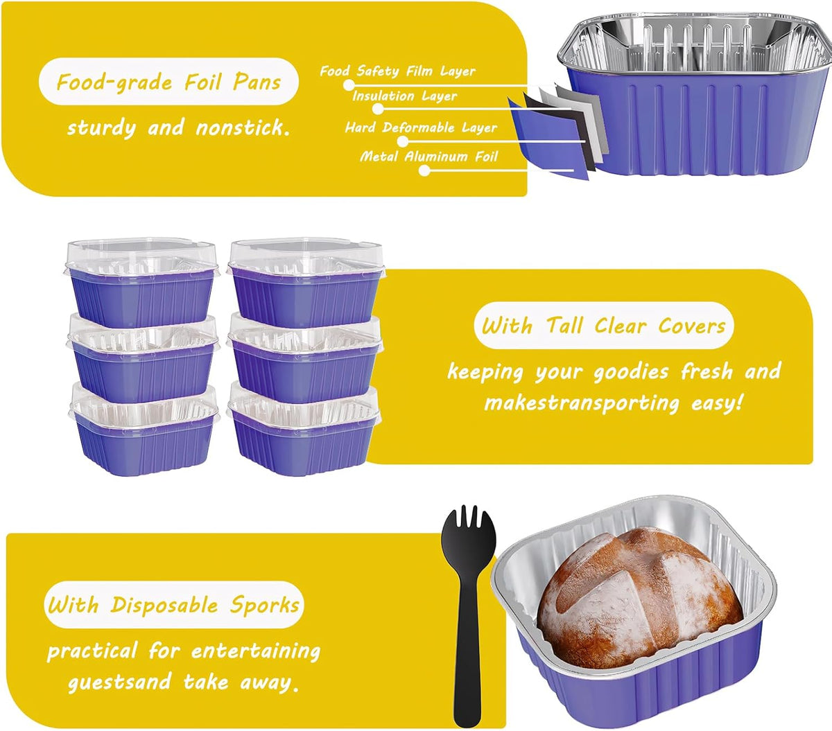 25 Pack Square Mini Cake Pans with Lids,Mini Loaf Pans with Lids,Aluminum Foil Baking Cups,Disposable Ramekins Cupcake Cups,Dessert Cups for Wedding Birthday Party Picnics,5oz (Purple)
