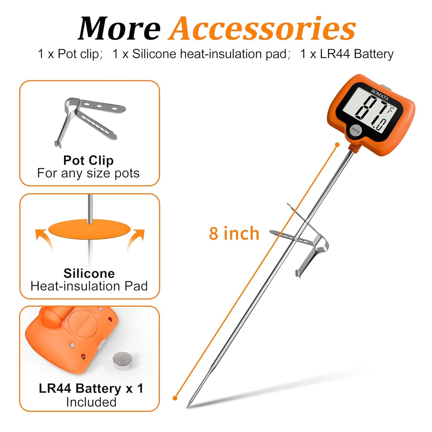 BOMATA Digital Candy Thermometer with Pot Clip, Deep Fry Oil Thermometer with Rotatable Display & Long Probe, for Candy Candle Making, Cooking, Food, Liquids, Water, Sugar.. Orange