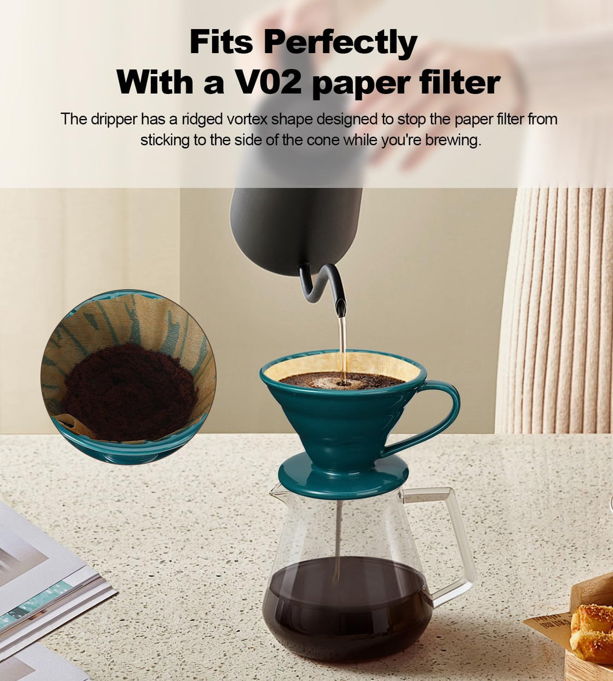 Pour Over Coffee Dripper - Ceramic Pour Over Coffee Maker Cone, Porcelain Coffee Drip, Pour Over Single Cup, Manual Brew Maker for Home, Cafe, Office - 1-4Cup, V60 Size 02 (Dark green)