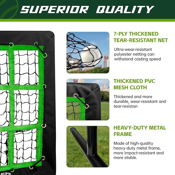 9 Hole Pitching Net, Heavy-Duty Baseball Net with Strike Zone for Pitching and Hitting, Height Adjustable Training Equipment with 9 Pocket Pitching Target for Baseball & Softball Practice