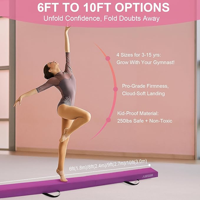 AWSUM Foldable Balance Beam for Kids, 6ft/8ft/9ft/10ft Anti-Slip Gymnastics Equipment, Suede Cover, Toddler to Teen, for Home Training School